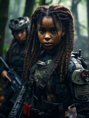 Naklejka premium Dark-skinned young girl in full length military uniform with weapon in hand in the jungle