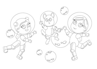 Coloring page. Two girls with big eyes and a dog are dressed in an astronaut suit and a helmet. Children are happy and fly in outer space. Cartoon style illustration of the universe.