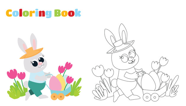Coloring page. Little cute Easter bunny is carrying colored eggs in a cart. Great illustration in cartoon style for children.