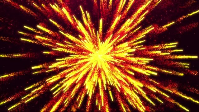 Abstract colorful dust explosion of particles, movement of glowing particles, speed of light, fireworks from dots and particles, space scene, futuristic background. Seamless loop 4k video. 