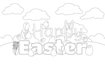 Coloring page. On the green grass is a decorative text Happy Easter. The letters are decorated with hyacinths, tulips and decorated eggs. Horizontal spring banner.