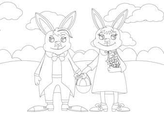 Coloring page. Happy Easter bunnies are smiling tenderly. Rabbits are dressed in bright clothes.