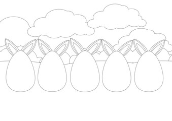Coloring page. Large painted eggs stand on the green grass and the ears of the Easter Bunny stick out from behind. A long horizontal banner depicting a beautiful spring day.