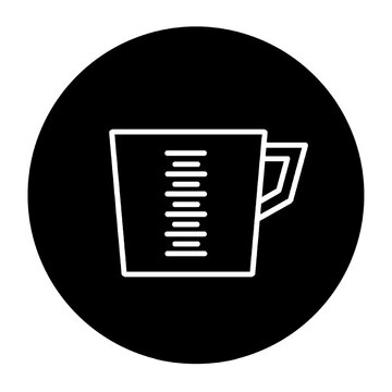 white measuring cup icon on black circle isolated on white and transparent background. concept of measuring water level in liter, measuring amount, quantity for baking, cooking, measure, jug, tool