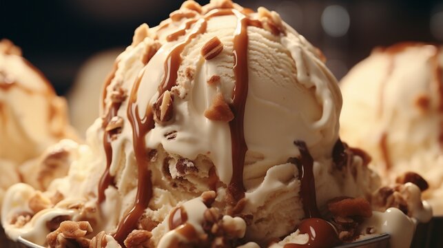 A Mouthwatering Close-up Of A Double Scoop Of Creamy Caramel Pecan Ice Cream, Capturing The Texture And Flavor In Exquisite Detail.