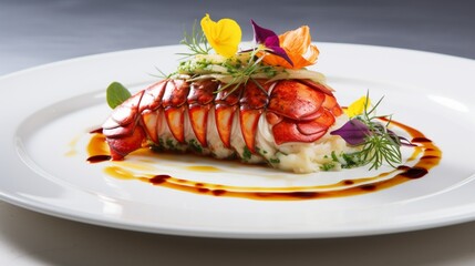 a gourmet lobster tail, its succulent meat and vibrant colors showcased on a clean white plate, inviting seafood enthusiasts to savor the moment.