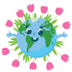 Planet Earth with a cheerful face is smiling joyfully with tulip flowers next to it. Illustration cartoon style isolated on white background.