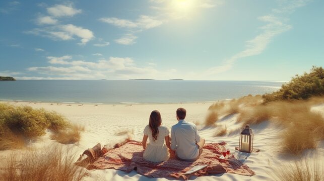 A pair of lovers sitting on a blanket, surrounded by sandy dunes, enjoying a picnic with a panoramic view of the tranquil beach and the vast expanse of the sea.