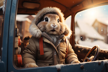Cute Christmas Bunny with sunglasses looking out of a car filed with Christmas gifts, Generative AI