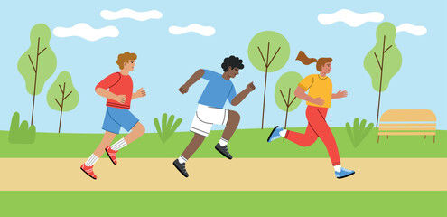 Cartoon people running. Athletes go jogging in nature, city park, outdoor fitness, cross country marathon, healthy lifestyle, vector concept.eps