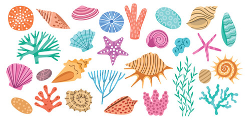 Cartoon seaweeds and corals. Color seashells, marine algae, underwater nature, doodle style conches, sea and ocean elements, vector set.eps - obrazy, fototapety, plakaty