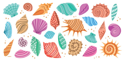 Cartoon decorative seashell. Tropical mollusk mineral formations, marine life shells, color doodle ocean elements, underwater, vector set.eps - obrazy, fototapety, plakaty