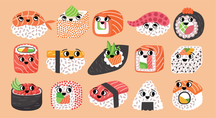 Kawaii japanese food. Funny sushi characters, cold asian snacks, cute rolls with comic faces, nori algae, salmon and boiled rice, vector set.eps