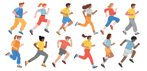 Fototapeta na wymiar Running men and women. Cartoon people participate in marathon, athletes compete, sportive persons, fitness characters, jogging, vector set.eps