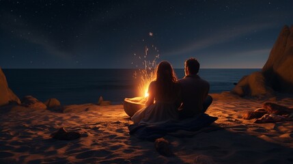A romantic scene with a couple lying on a beach blanket, gazing up at the stars in the night sky, surrounded by the sounds of the ocean and the warmth of a bonfire. - Powered by Adobe