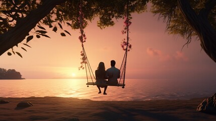 A romantic scene with lovers sitting on a beach swing, facing the sea, as the gentle sway of the swing adds to the tranquility of the moment.