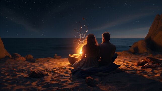 A romantic scene with a couple lying on a beach blanket, gazing up at the stars in the night sky, surrounded by the sounds of the ocean and the warmth of a bonfire.