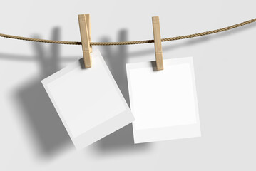 White blank polaroid photo papers on grey background design. Mockup 3d rendering