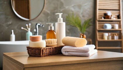 Fototapeta na wymiar toiletries and personal hygiene products on table in bathroom