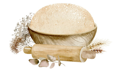 Cozy watercolor painting of a wooden bowl filled with bread dough. Next to her lay a worn-out rolling pin, and three plump ears of wheat on a white background.