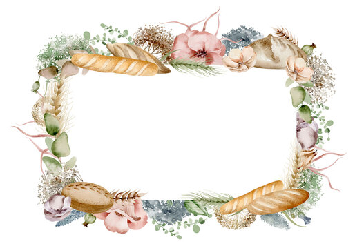 Hand painted watercolor frame in a rustic bread wreath, decorated with delicate wildflowers and ears of wheat. Warm tones with bright shades of flowers. For branding bakery products, food packaging.