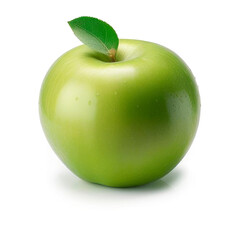 A crisp and juicy green apple with a leaf on a white background. Perfect for healthy food, vegan, and organic concepts. Fresh and nutritious fruit.