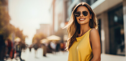  young smiling woman with aviator sunglasses and yellow dress stands on the city fashion shopping street