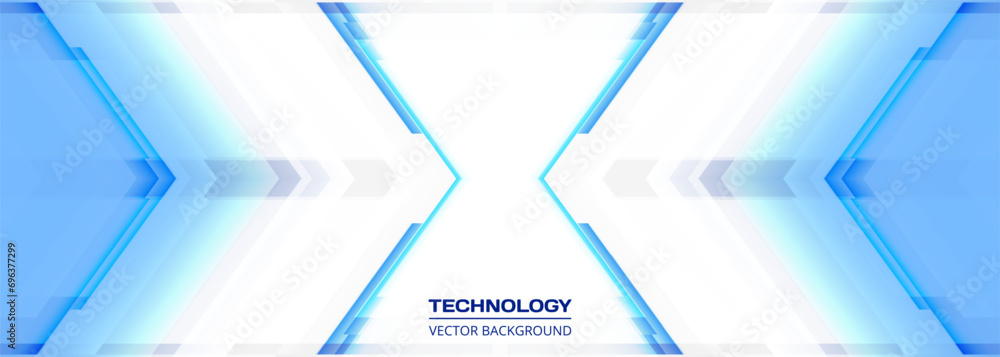 Poster Tech 3D white and blue wide abstract background with technology arrows. Digital hi tech abstract geometric modern futuristic gaming banner design. Vector illustration