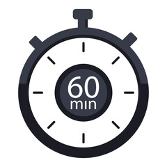 Timer with 65 minutes on dial illustration. Time, stopwatch, alarm clock, clock, second, hour, minute, countdown, chronometer, hands, mechanism. Vector icons for business and advertising