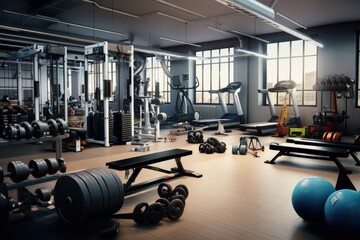 Modern gym interior with sport and fitness equipment, fitness center inteior, inteior of crossfit...