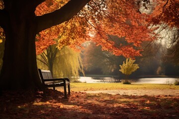 Old wooden bench in the autumn park under colorful autumn trees with golden leaves.
