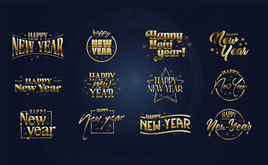 Happy new year lettering collection. Elegant golden design in dark background.
