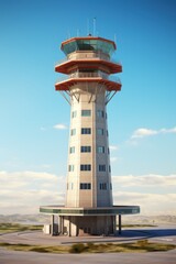 Air traffic control tower with a blue sky as background. low angle.
