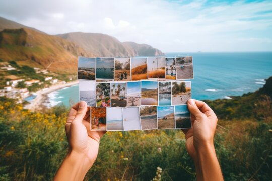Hand holding polaroid photos at a beautiful landscape