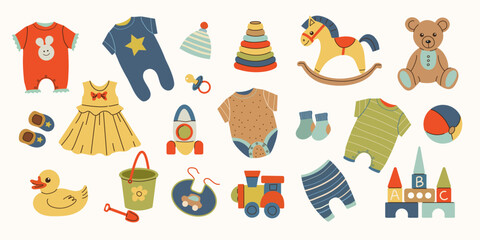 Baby toys and clothes set in hand drawn style. Different clothing for kids and infants. Baby clothes and accessories. Childhood, children games, preschool activities concept. Isolated elements. - obrazy, fototapety, plakaty