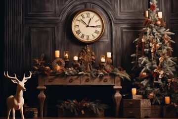 Vintage clock on a wall with christmas decor