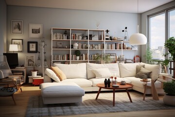 Fototapeta na wymiar Modern living room with white couch and bookshelf
