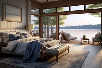 Modern bedoom with a lake view