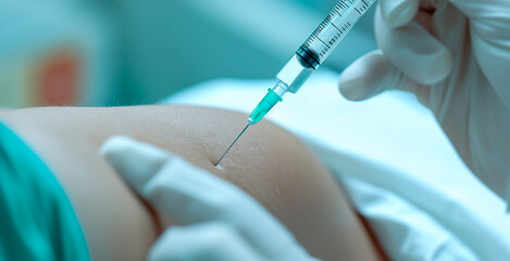 Vaccination shot administered on upper arm or shoulder by a healthcare professional. Shallow field of view
 - obrazy, fototapety, plakaty