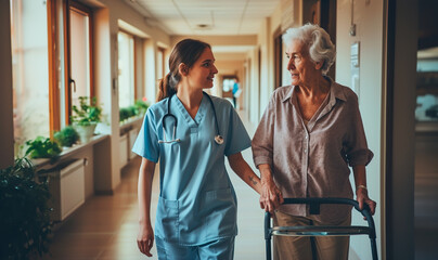 Obraz premium Nurse assisting elderly woman with walker in hallway, shallow field of view 