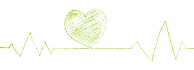 Pencil drawing green heart isolated on transparent background.