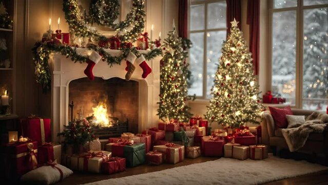 christmas celebration with fireplace and snowfall