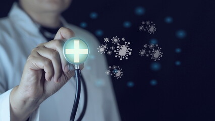 Doctor with stethoscope touching on virtual blue plus sign for positive thinking mindset or...