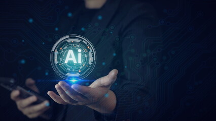 Ai technology, Artificial Intelligence. man using technology smart robot AI, artificial intelligence by enter command prompt for generates something, Futuristic technology transformation.