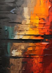 
Two worlds, digital and analogue, abstract oil painting on wood, torn, distressed, silver, gold, black and a rainbow, a prism of red, orange, yellow, green, blue, purple