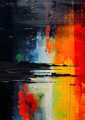 
Two worlds, digital and analogue, abstract oil painting on wood, torn, distressed, silver, gold, black and a rainbow, a prism of red, orange, yellow, green, blue, purple