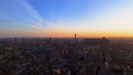 historical sites of bologna with sunrise light in december skyline aerial view two towers maggiore square san petrino basilica