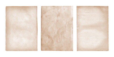 Antique old paper sheets. Faded vintage parchment set, isolated on transparent background	