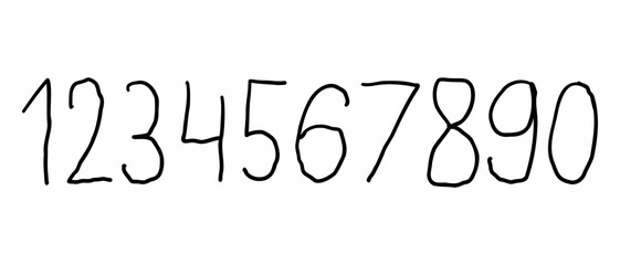 Childlike scribble black digits numbers font from 0 to 9 font set. Vector illustration in doodle hand drawn style isolated on white background. For menu, font, sales.