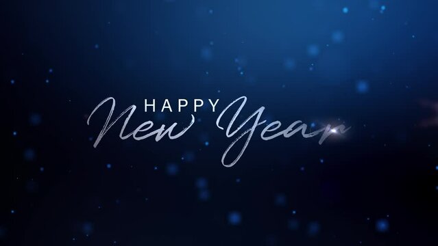 Happy New Year year greeting text with glow floating particles and flare light bust on dark blue  abstract background. Abstract holiday vintage on blue background 
